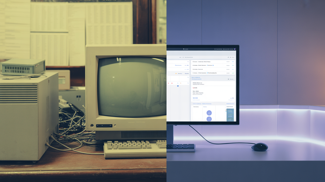 Comparação entre sistema legado antigo e ambiente moderno digital
